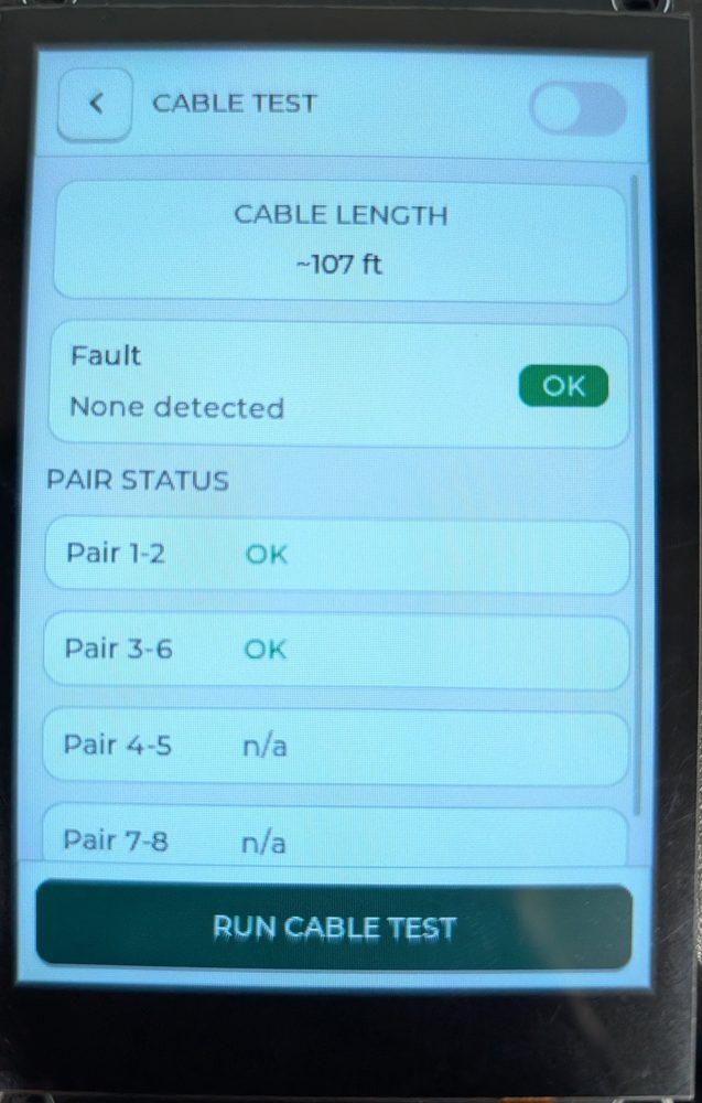 ND-1 cable test: about 107 ft, no fault, pairs 1-2 and 3-6 OK
