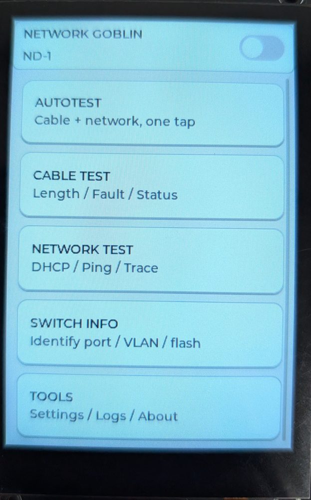 ND-1 home screen: AutoTest, Cable test, Network test, Switch info, Tools