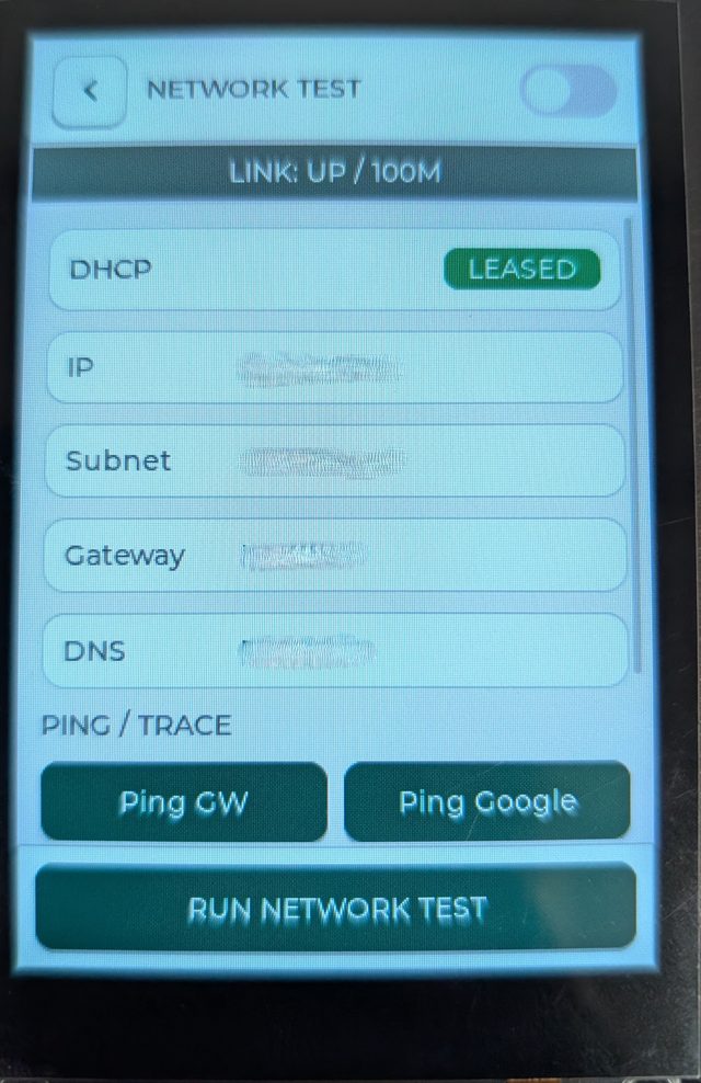 Network test: link up at 100M, DHCP leased